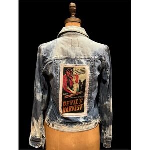 1990s Old Navy‎ Distressed Denim Jacket w/ Devil's Harvest Propaganda Patch M